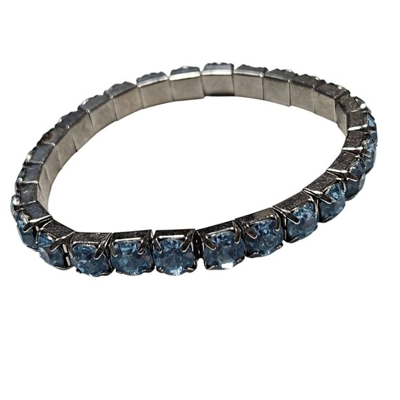 Vintage Elegant Blue Rhinestone Silver Tone Tennis Bracelet Stretch Jewelry - Picture 1 of 3